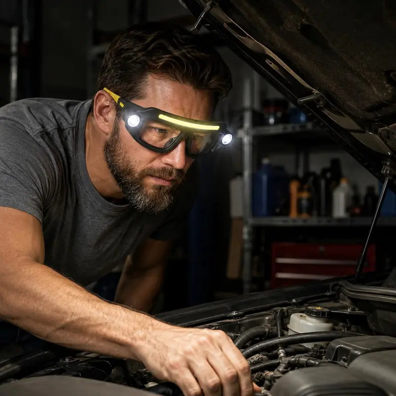 Rechargeable LED Work Glasses – 400LM Hands-Free COB Floodlight with Dual Spotlights, 5 Modes & Type-C Charging