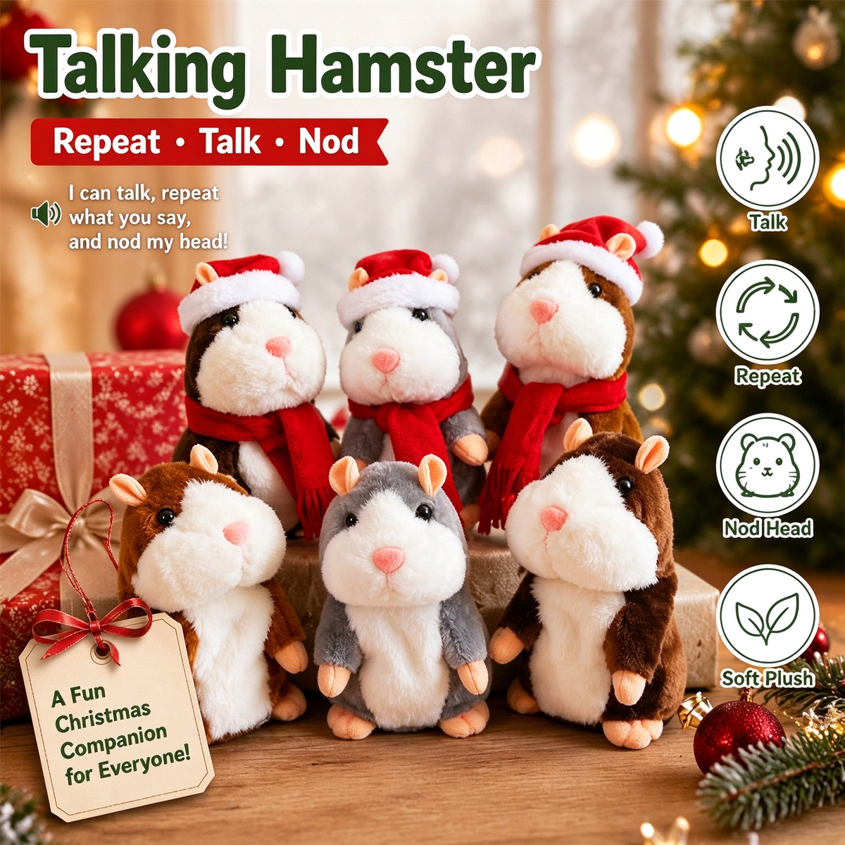 🐹❤️‍🔥 70% OFF – Talking Hamster Plush 🎄 Repeats What You Say & Shakes Its Head – Christmas Fun for Kids & Adults