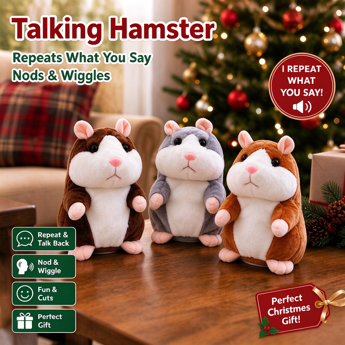 🐹❤️‍🔥 70% OFF – Talking Hamster Plush 🎄 Repeats What You Say & Shakes Its Head – Christmas Fun for Kids & Adults