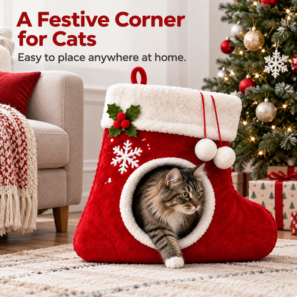 🎄 Christmas Stocking Cat Bed – Ultra-Soft Sherpa Cozy Hideaway for Cats 🐱