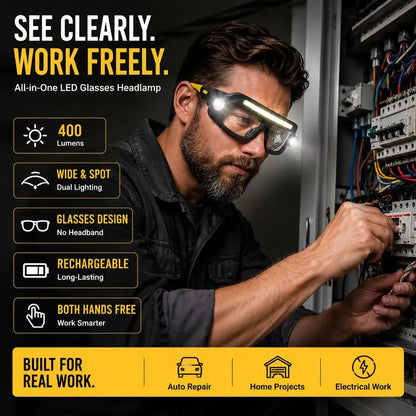 Rechargeable LED Work Glasses – 400LM Hands-Free COB Floodlight with Dual Spotlights, 5 Modes & Type-C Charging