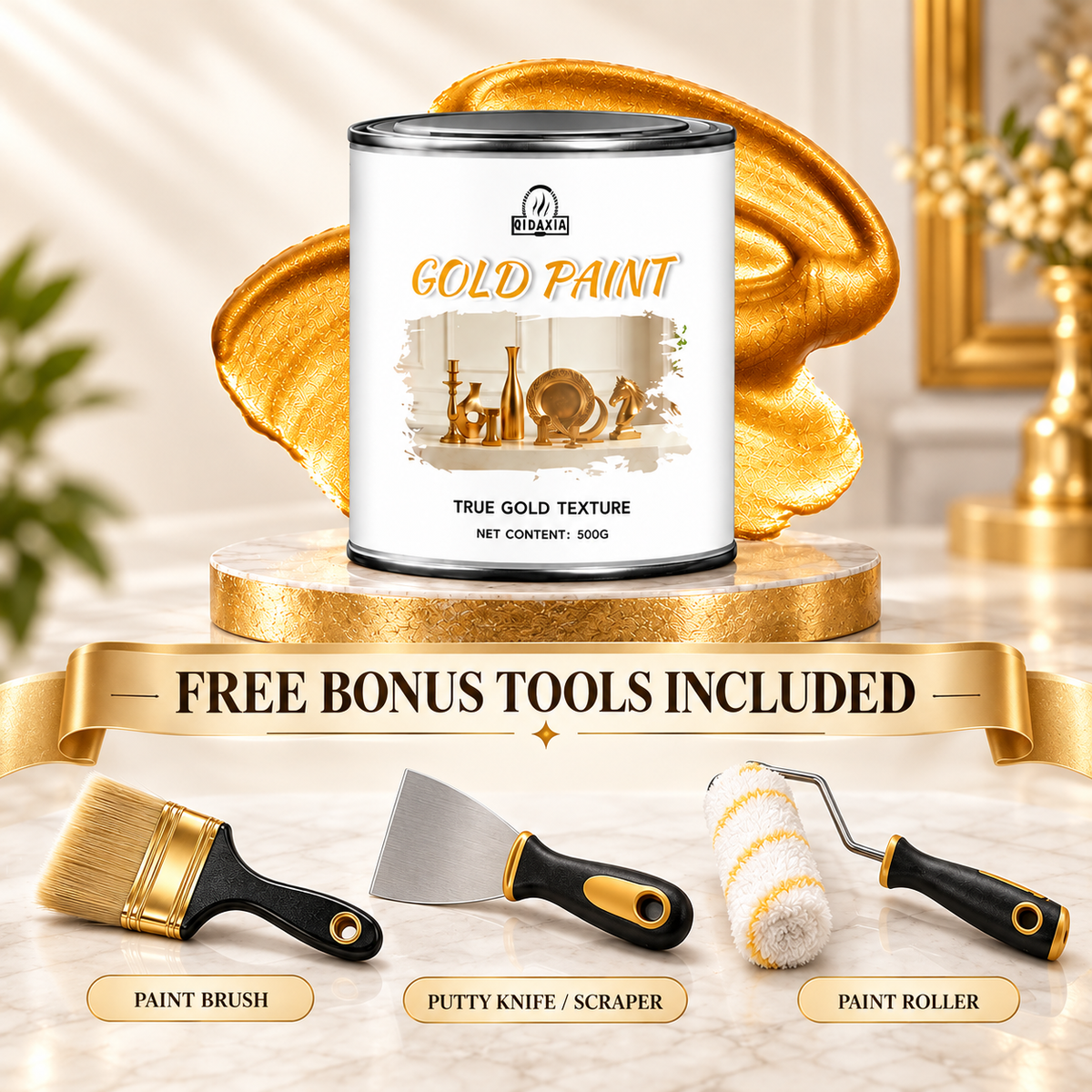 ✨ Metallic Gold Finish Paint – Rich Shimmer for Furniture, Décor & DIY Projects