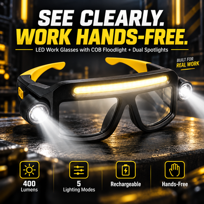 Rechargeable LED Work Glasses – 400LM Hands-Free COB Floodlight with Dual Spotlights, 5 Modes & Type-C Charging