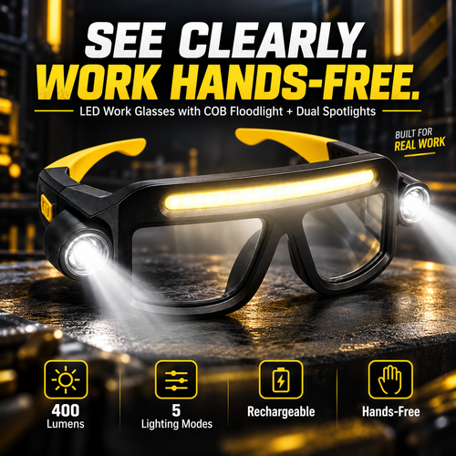 Rechargeable LED Work Glasses – 400LM Hands-Free COB Floodlight with Dual Spotlights, 5 Modes & Type-C Charging