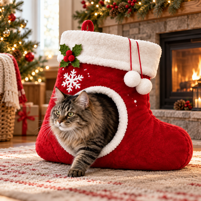 🎄 Christmas Stocking Cat Bed – Ultra-Soft Sherpa Cozy Hideaway for Cats 🐱